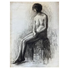 1920's French Charcoal Sketch of Seated Nude Lady the Artists Model