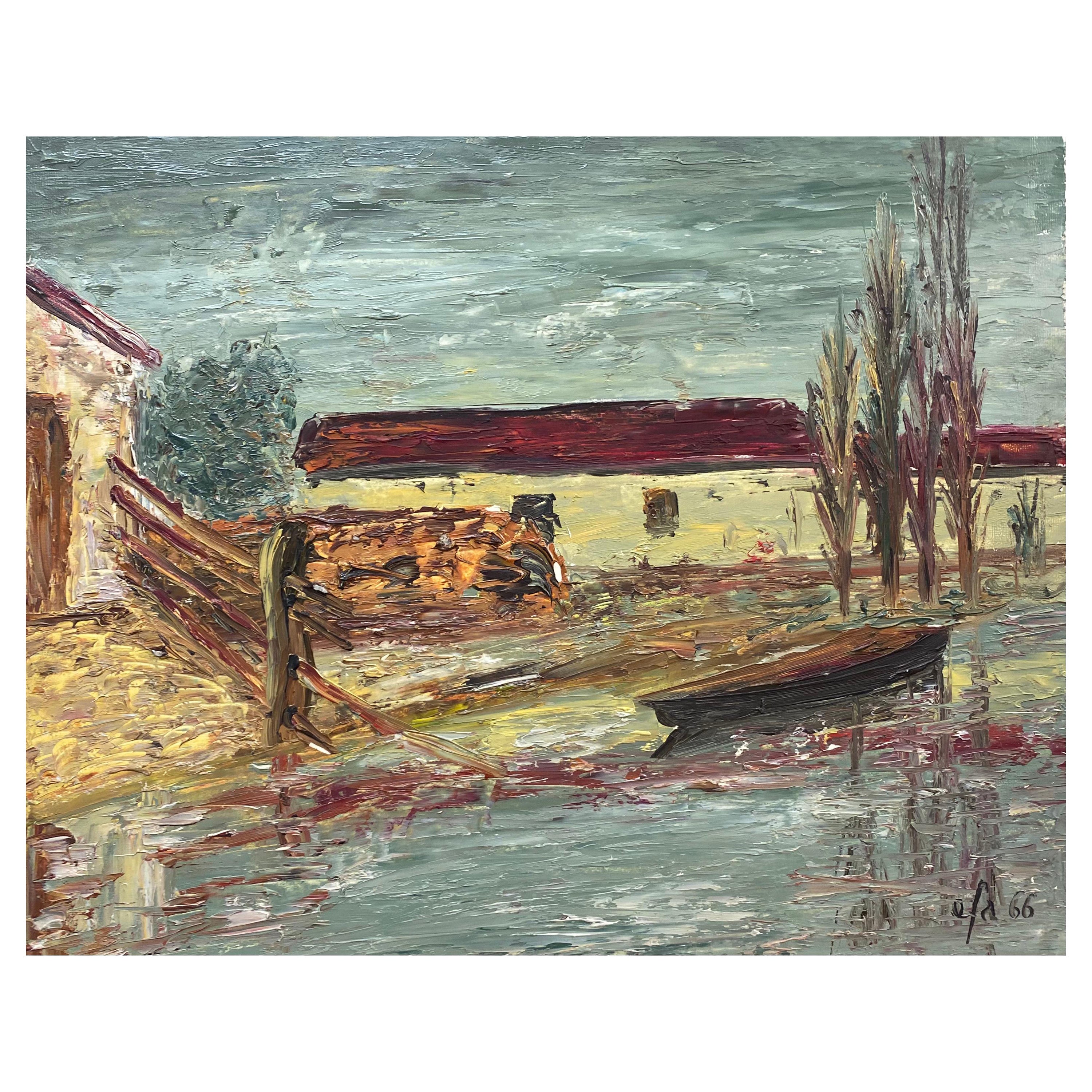 Fernand Audet, huile impressionniste française, paysage à sabot rouge en vente