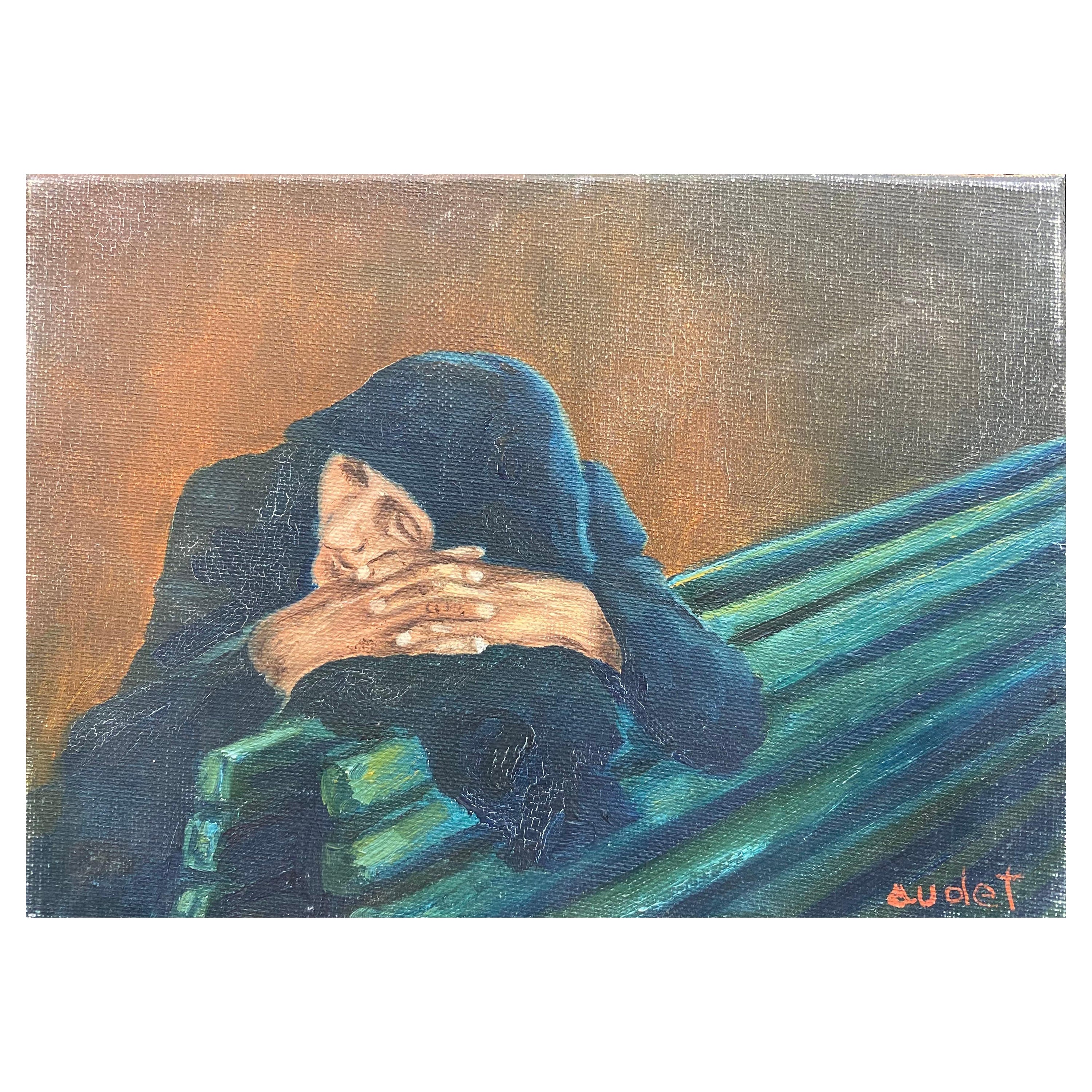 Huile française signée Fernand Audet, jeune femme endormie sur banc en vente