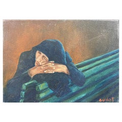 Vintage Fernand Audet French Signed Oil Elderly Lady Sleeping on Bench