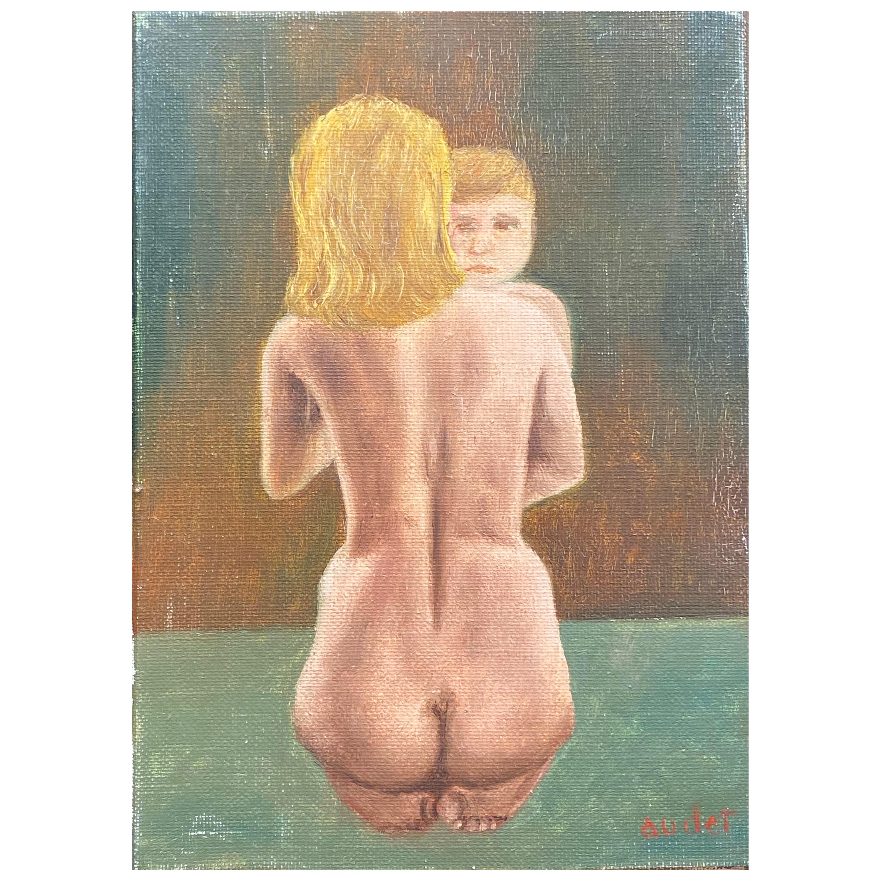 Fernand Audet (1923-2016), huile impressionniste française, femme et enfant nus, signée en vente