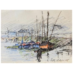 Dessin au crayon impressionniste français signé Camille Meriot représentant des bateaux de port de Breton