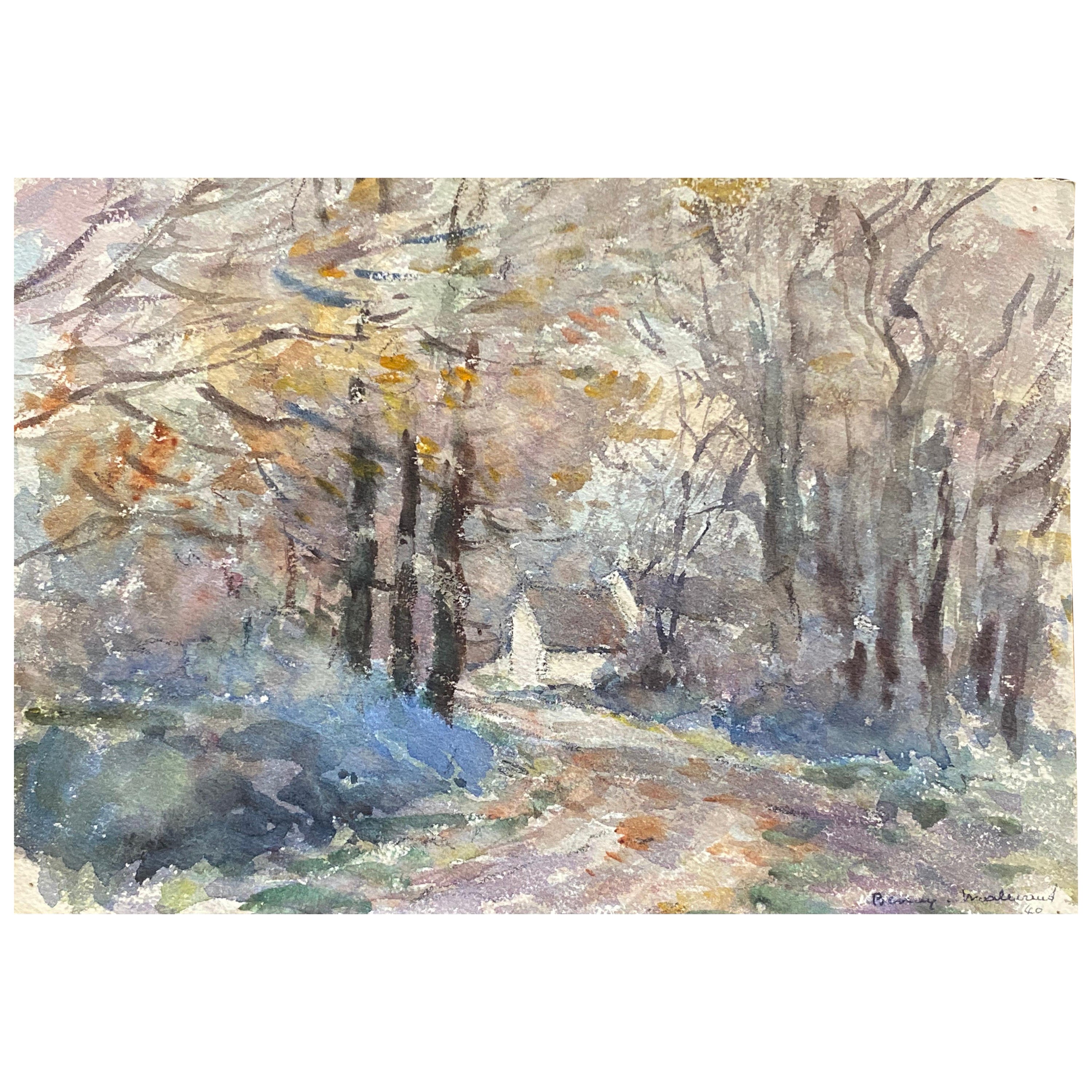 Woodland Cottage, French Signed Impressionist Gouache Painting For Sale