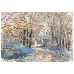 Used Woodland Cottage, French Signed Impressionist Gouache Painting