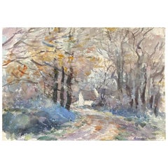 Vintage Woodland Cottage, French Signed Impressionist Gouache Painting