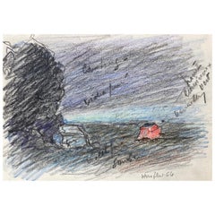 Vintage Camille Meriot French Signed Impressionist Crayon Drawing 'Honfleur'