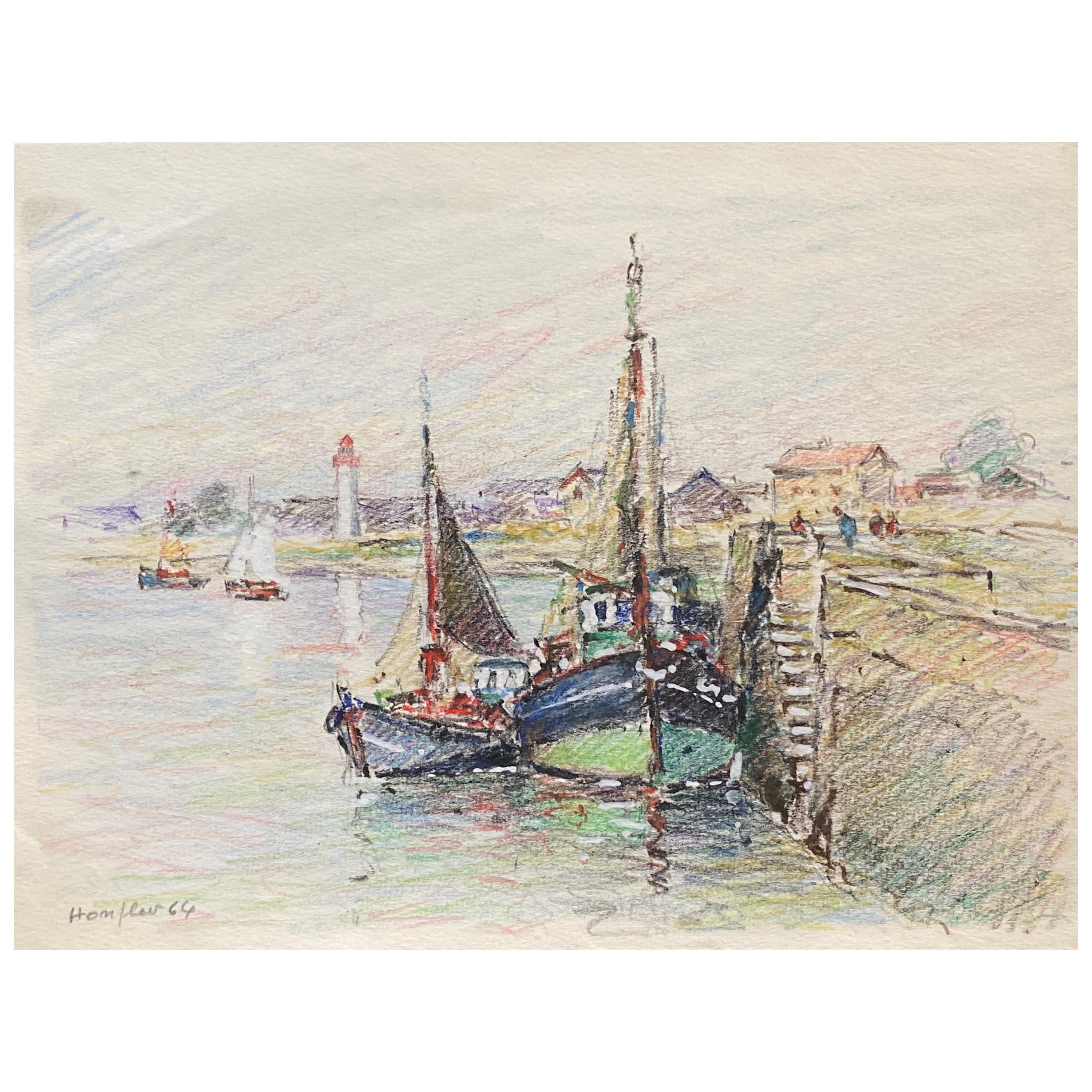 Brittany Fishing Boats in Harbour, French Signed Impressionist Crayon Drawing For Sale