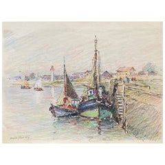 Vintage Brittany Fishing Boats in Harbour, French Signed Impressionist Crayon Drawing