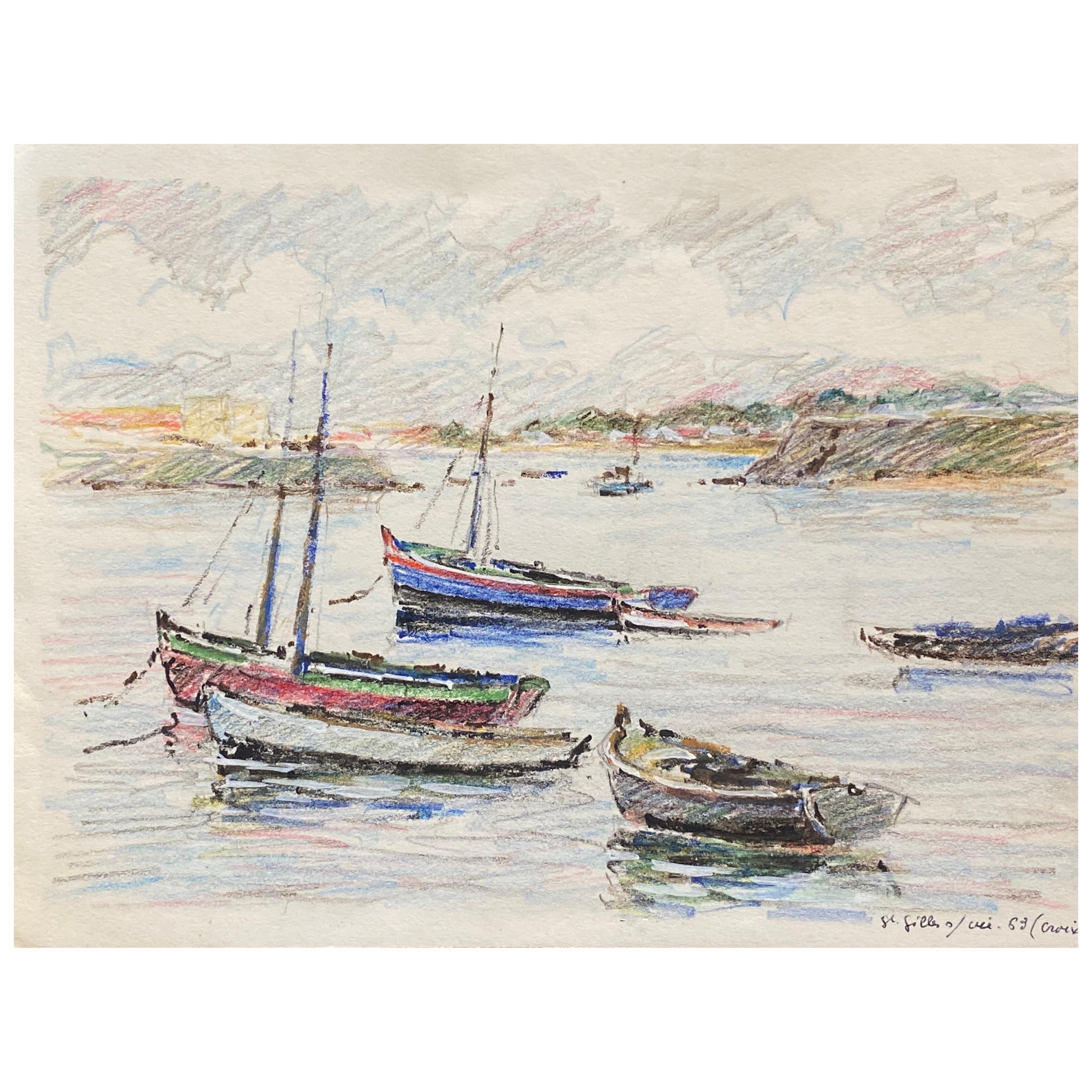 Sailing Boats Moored at Sea, French Signed Impressionist Crayon Drawing