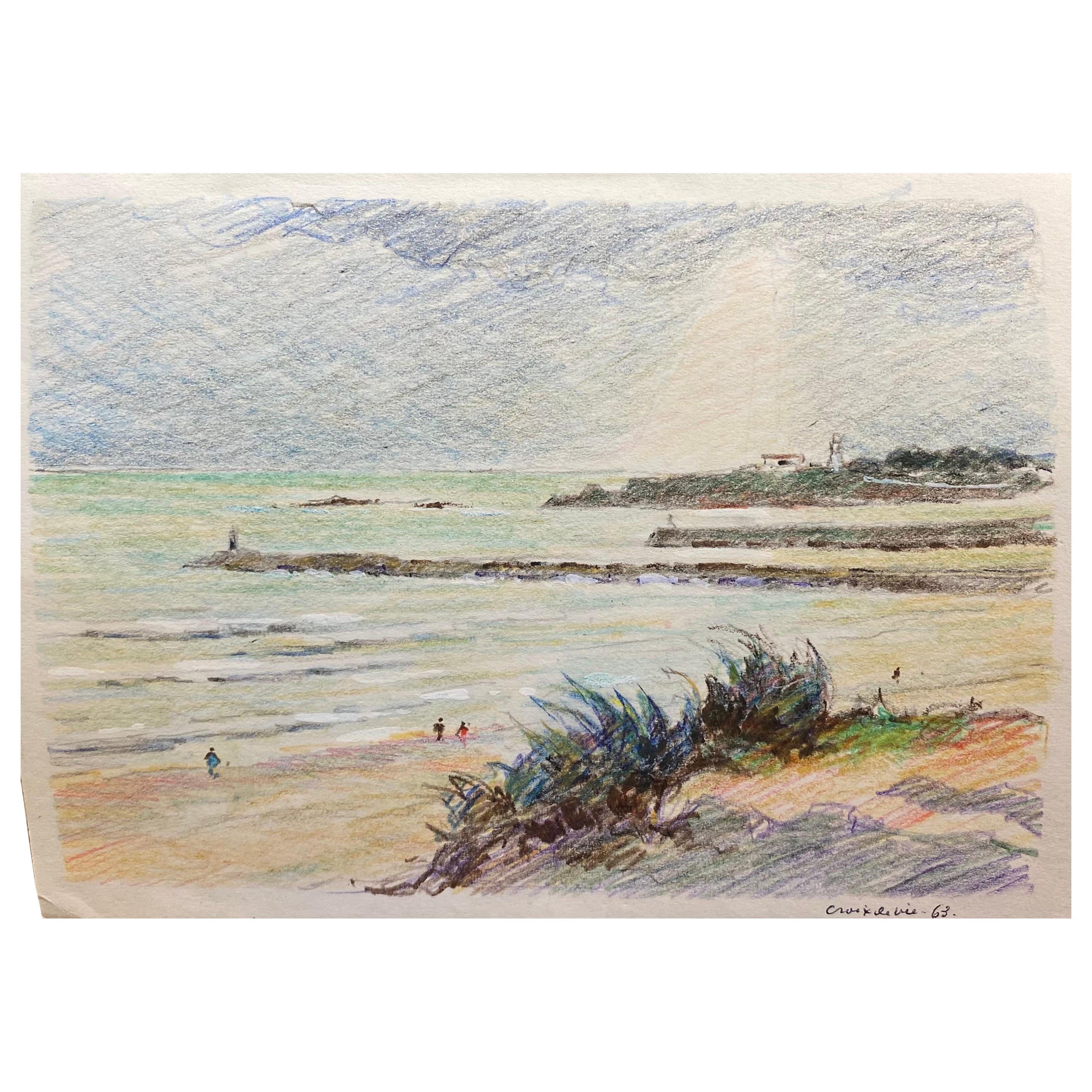 Drawing crayon impressionniste français vintage français signé - Paysage marin en Bretagne côtière en vente