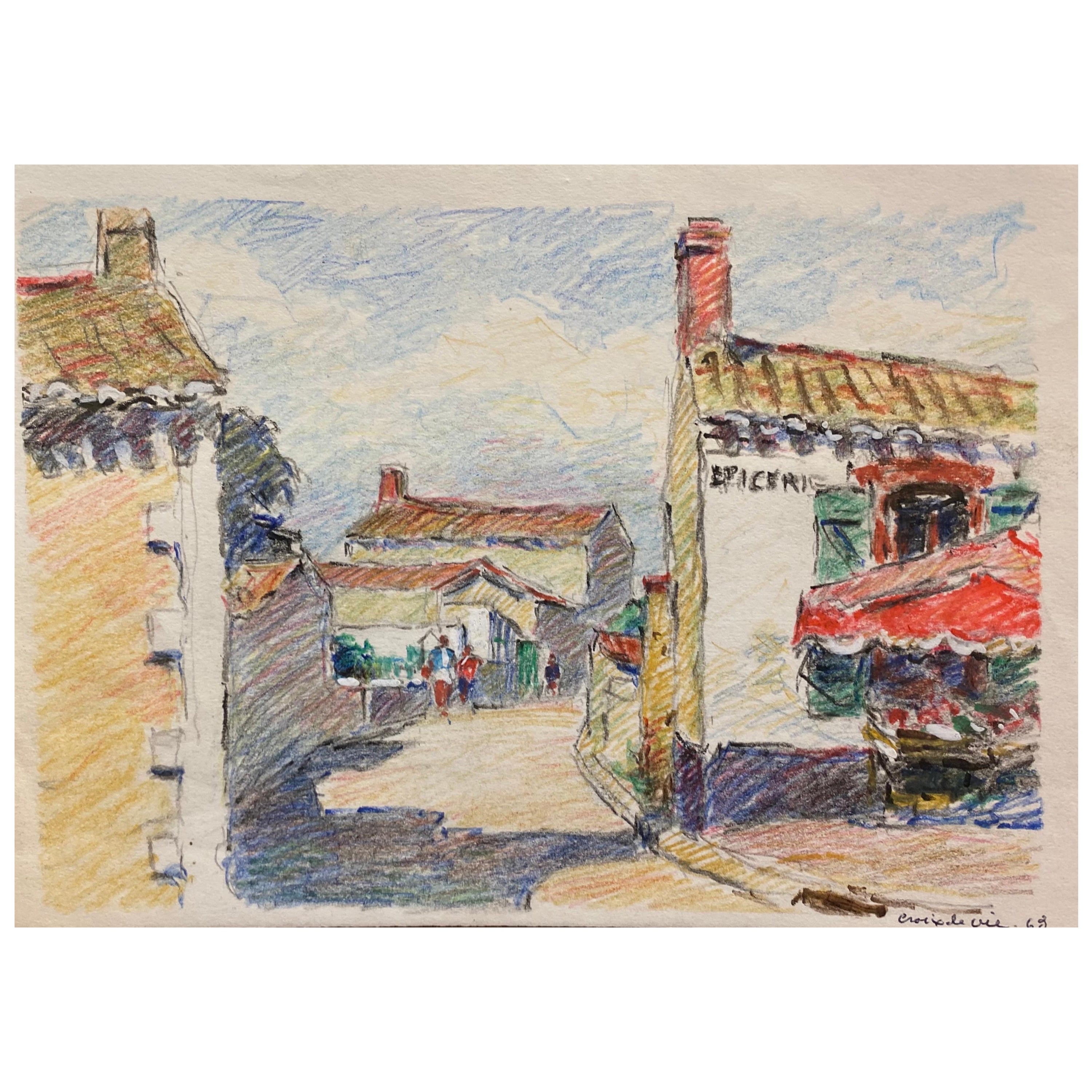 Dessin impressionniste français signé Camille Meriot, Village de Bretagne