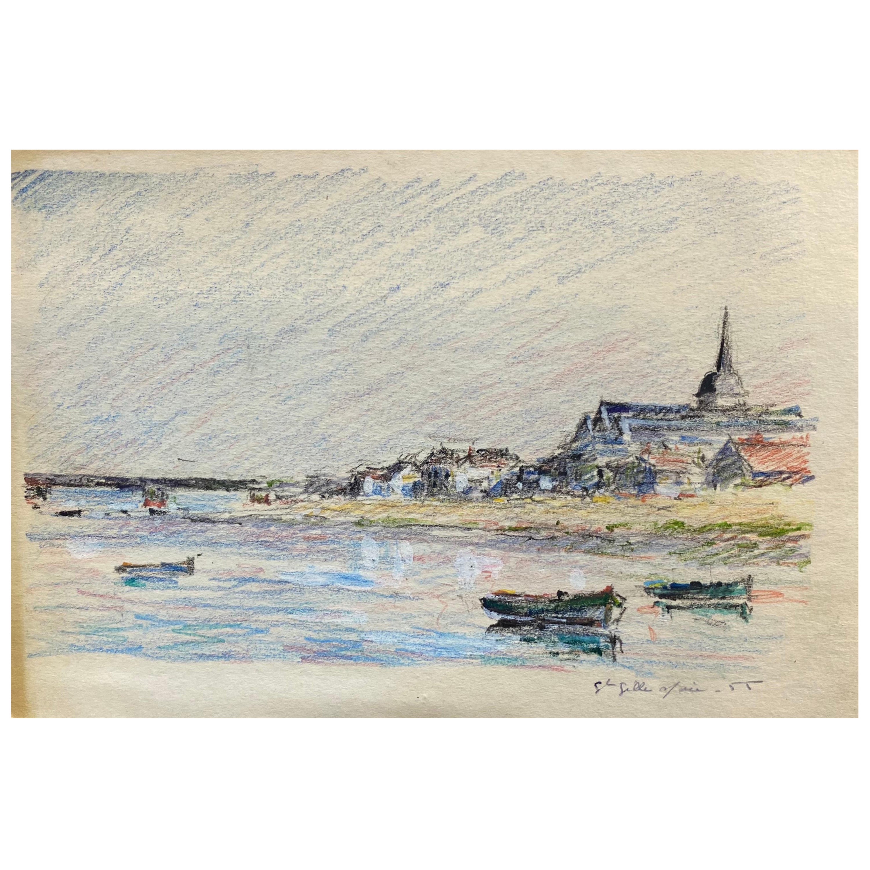 Vintage French Signed Impressionist Crayon Drawing Brittany Coastline Boats For Sale