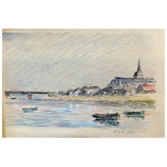 Vintage French Signed Impressionist Crayon Drawing Brittany Coastline Boats