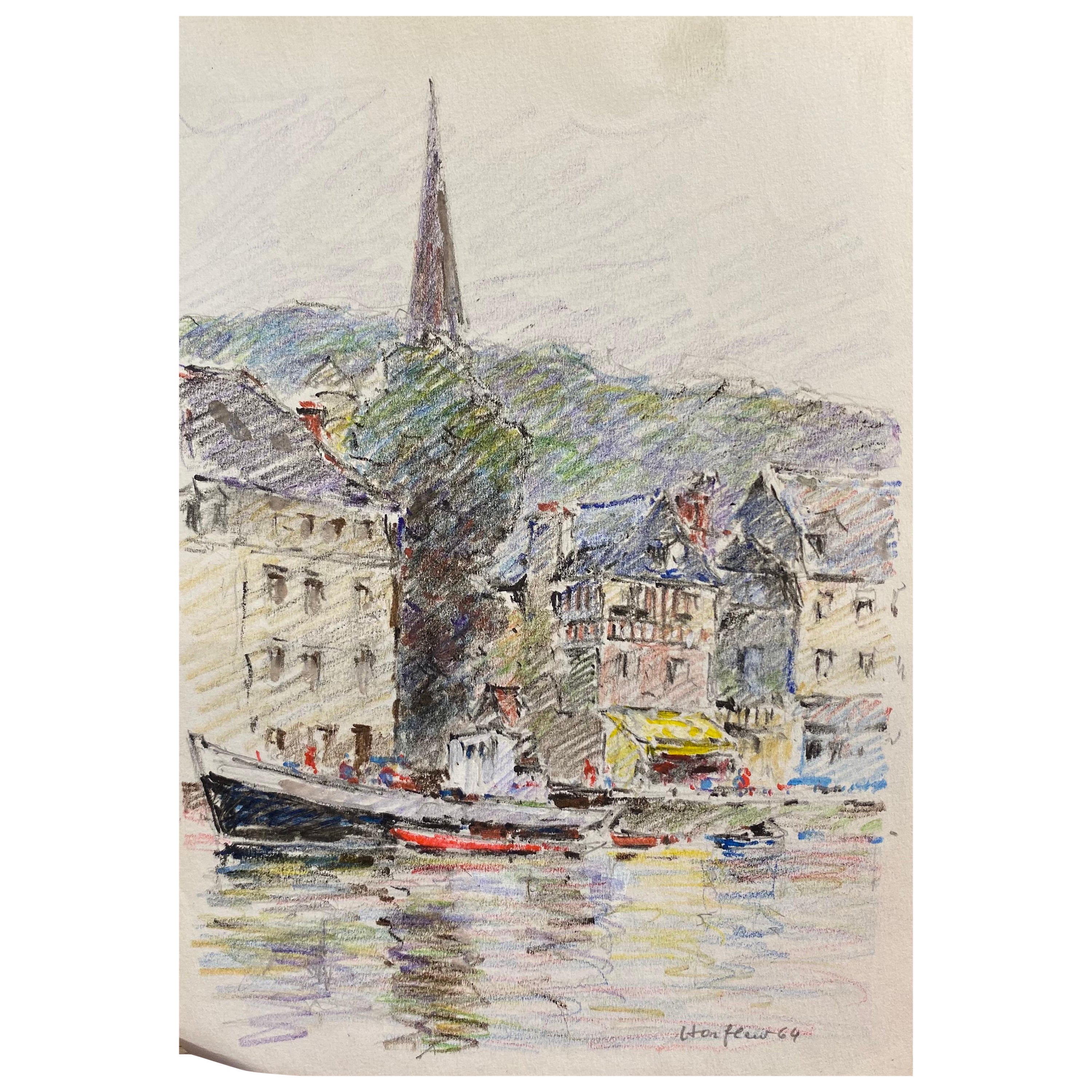 Antique French Signed Impressionist Crayon Drawing Boats in Honfleur Harbour For Sale