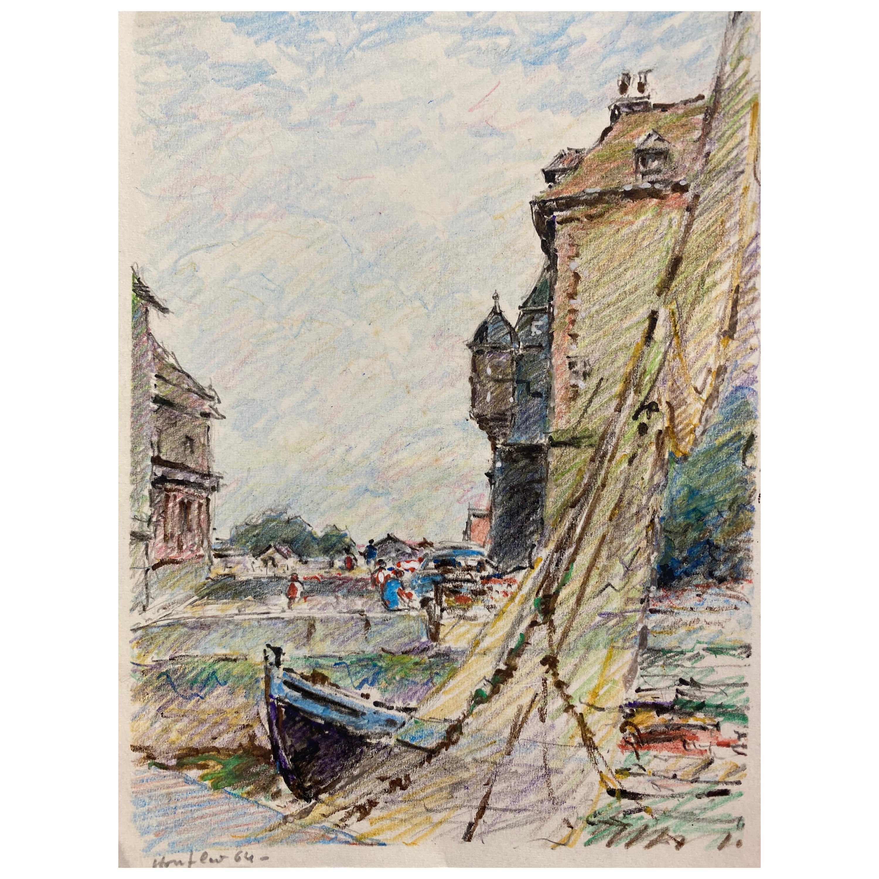 Honfleur French Signed Impressionist Crayon Drawing- Vintage Sailing Scene For Sale