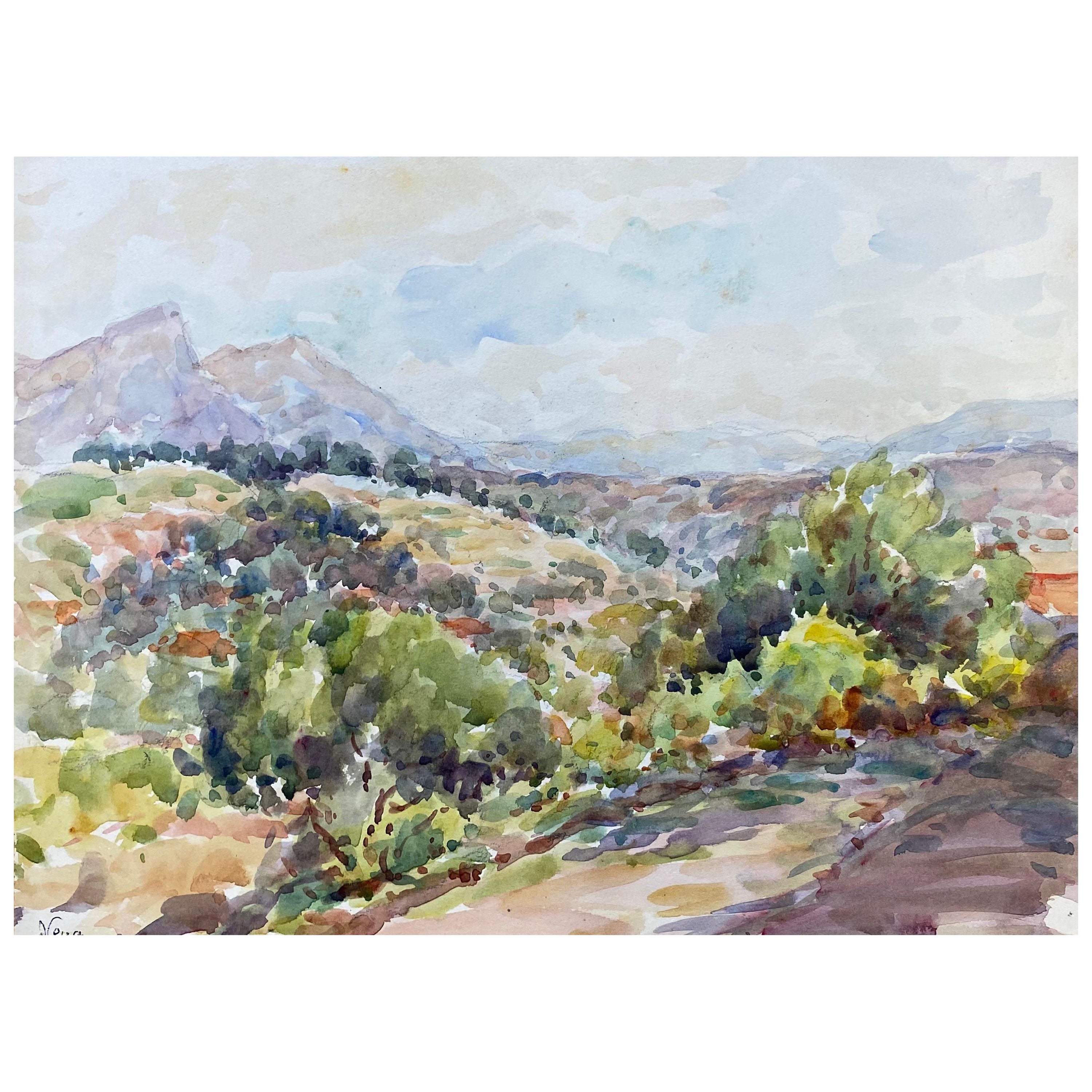 Peinture à l'aquarelle française de Vence signée, paysage ouvert et lumineux