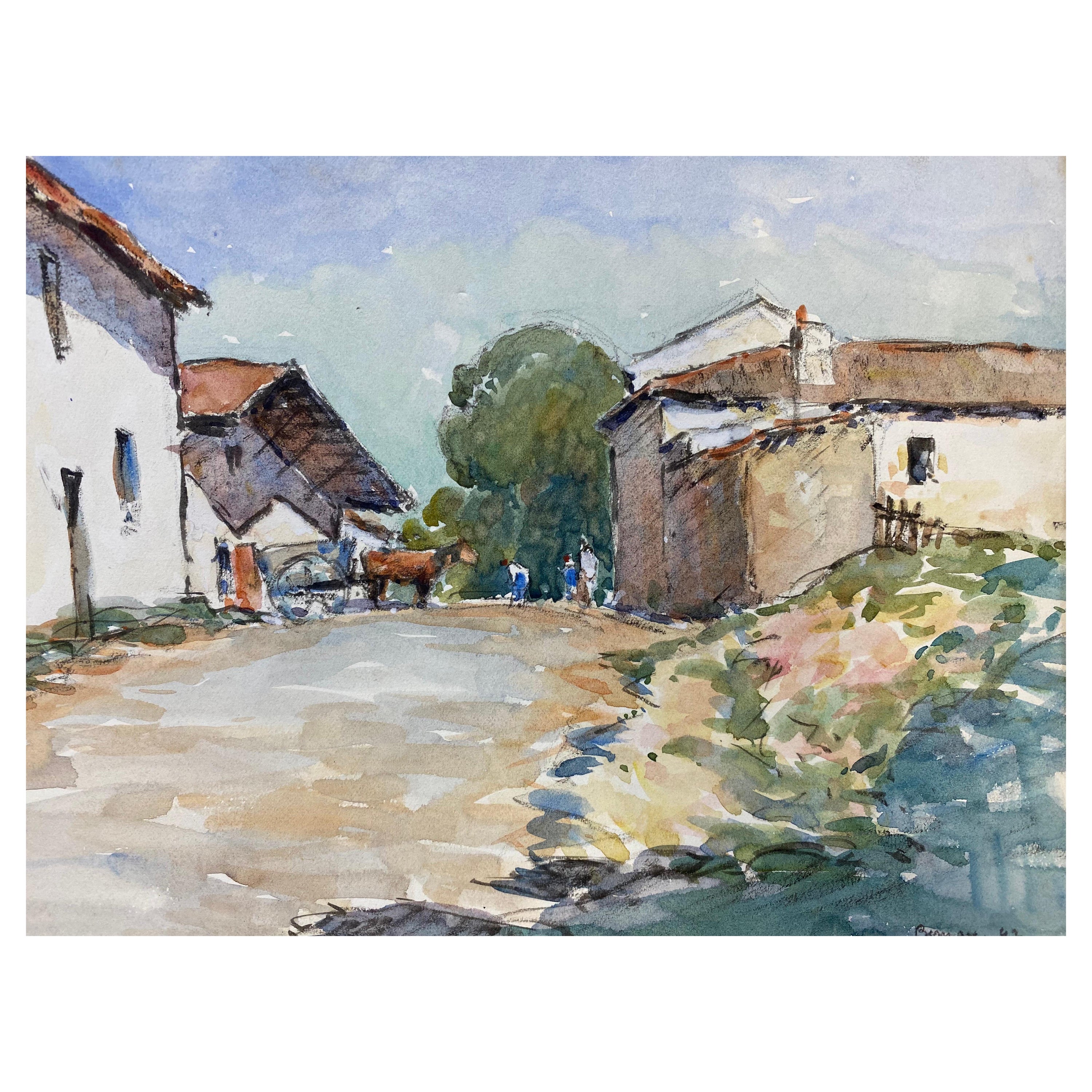 Camille Meriot French Signed Watercolour Painting, Farmyard Landscape For Sale