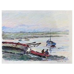 Camille Meriot French Signed Impressionist Crayon Drawing, By The Harbour