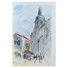 Vintage Old Provence Town Impressionist Crayon Drawing, Figures Mooching by Cafe