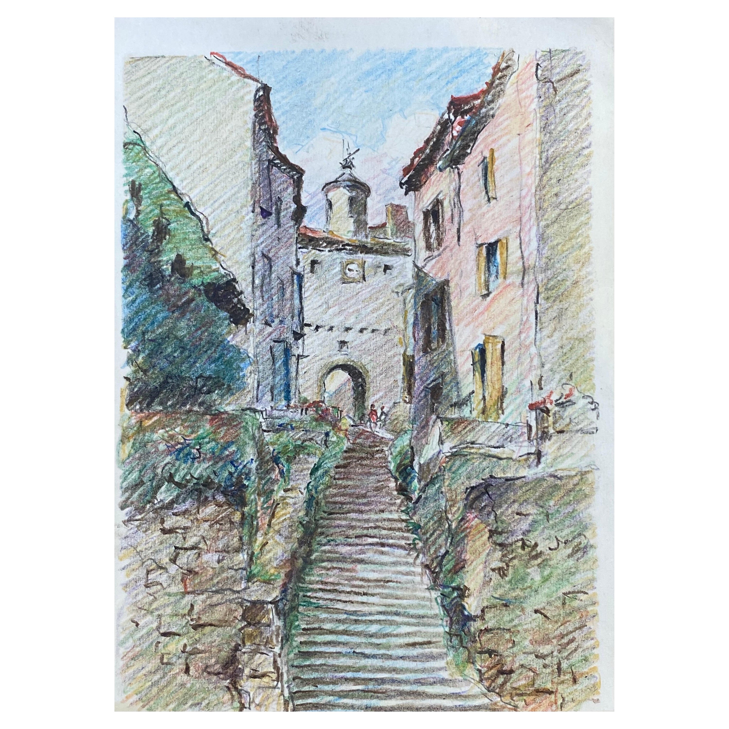 Provence Hill Top Town French Impressionist Crayon Drawing For Sale