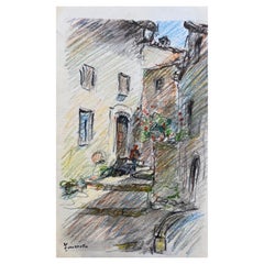 Tourettes Provence French Signed Impressionist Crayon Drawing, The Old Village