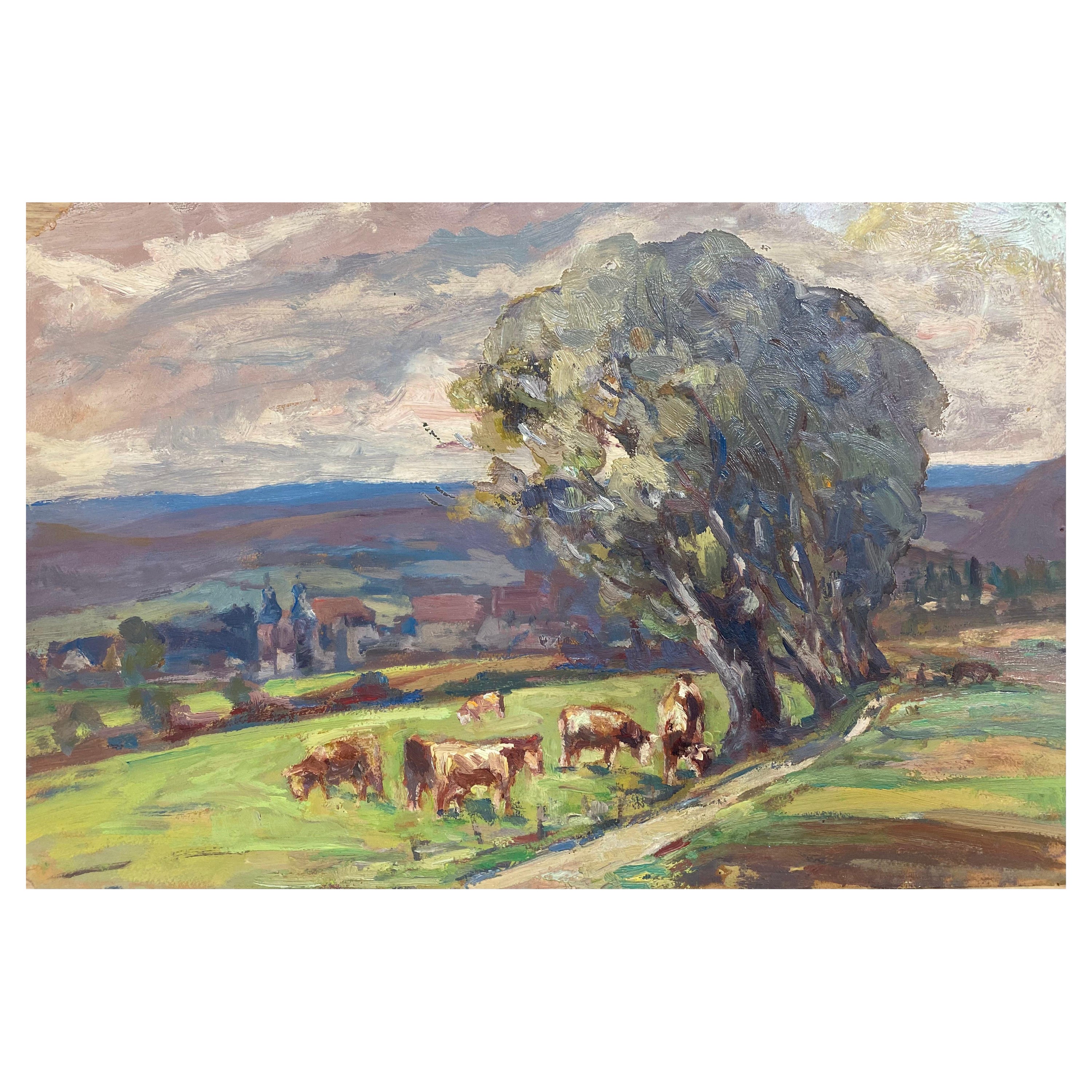 French Impressionist Oil Landscape, Cattle in Meadow For Sale