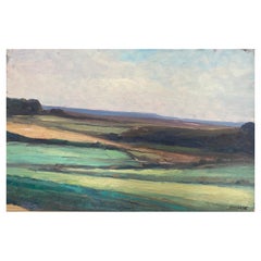 Antique Signed French Impressionist Oil, Panoramic Rolling Landscape Fields