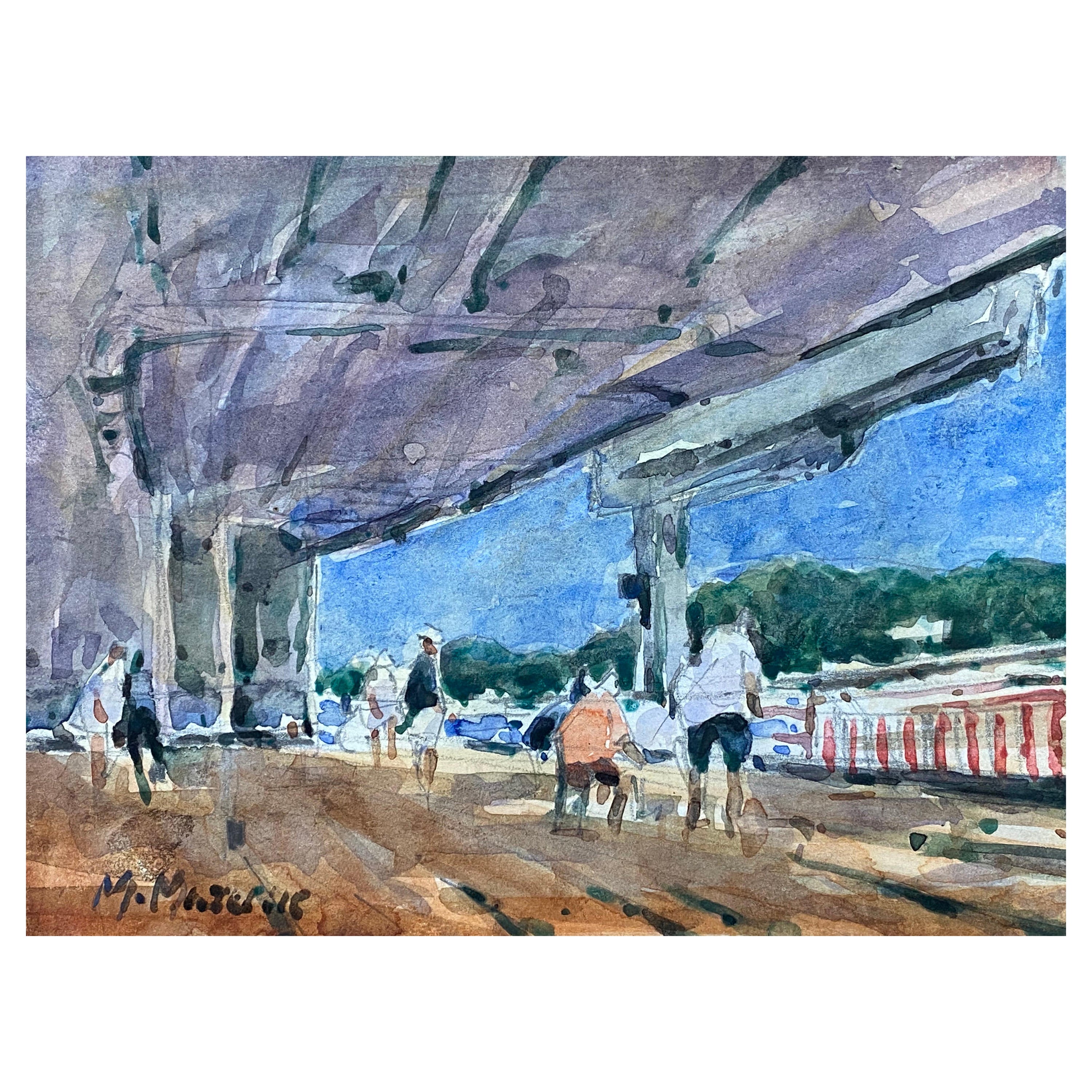 French Impressionist Signed Watercolour, Figures at the Pier For Sale