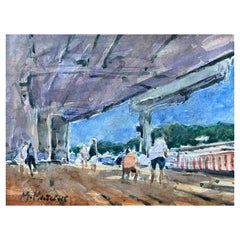 French Impressionist Signed Watercolour, Figures at the Pier