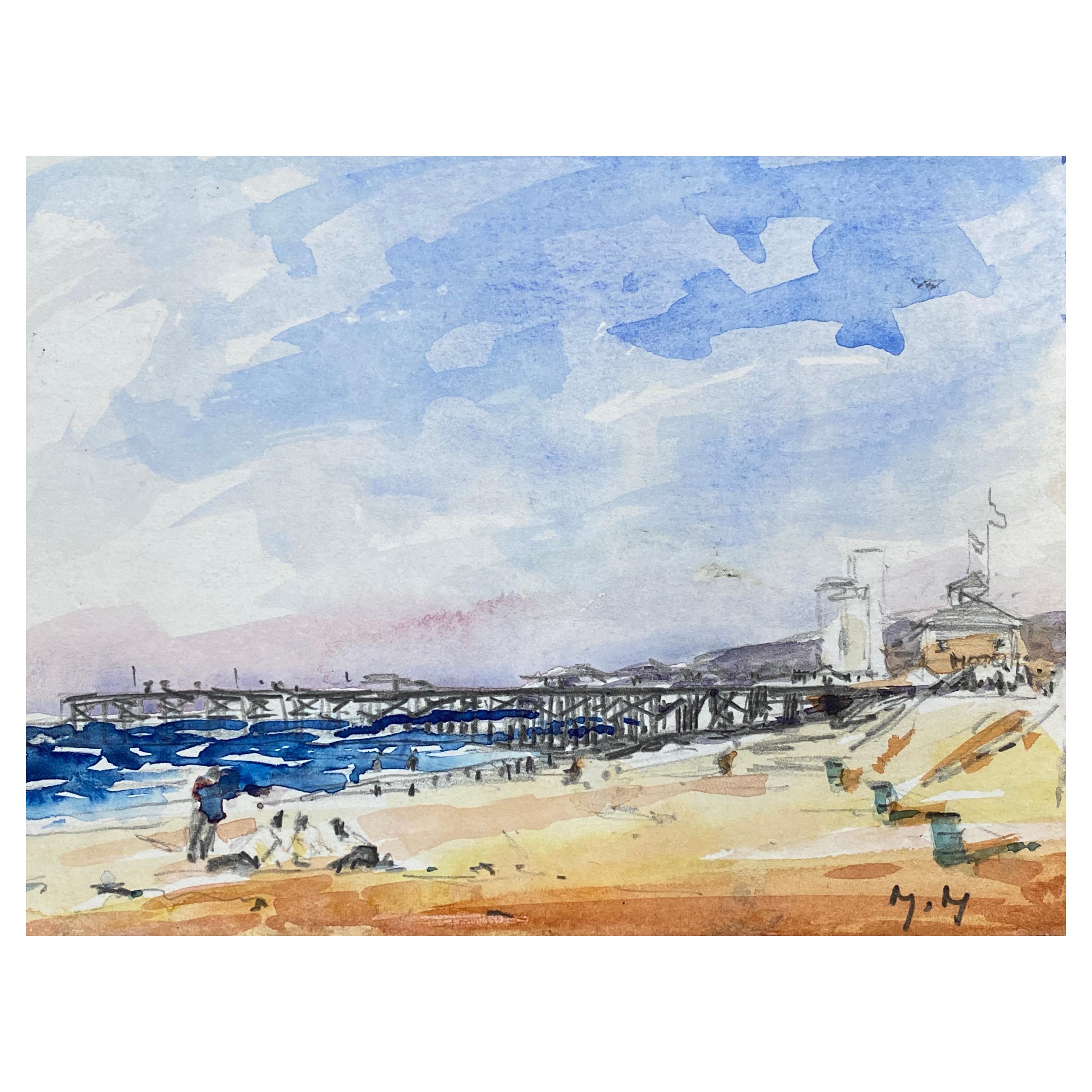 Impressionist Signed Watercolour, French Warm Day at the Pier For Sale
