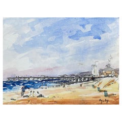 Aquarelle impressionniste signée, « French Warm Day at the Pier » ( Journée d'hiver à la porte française)