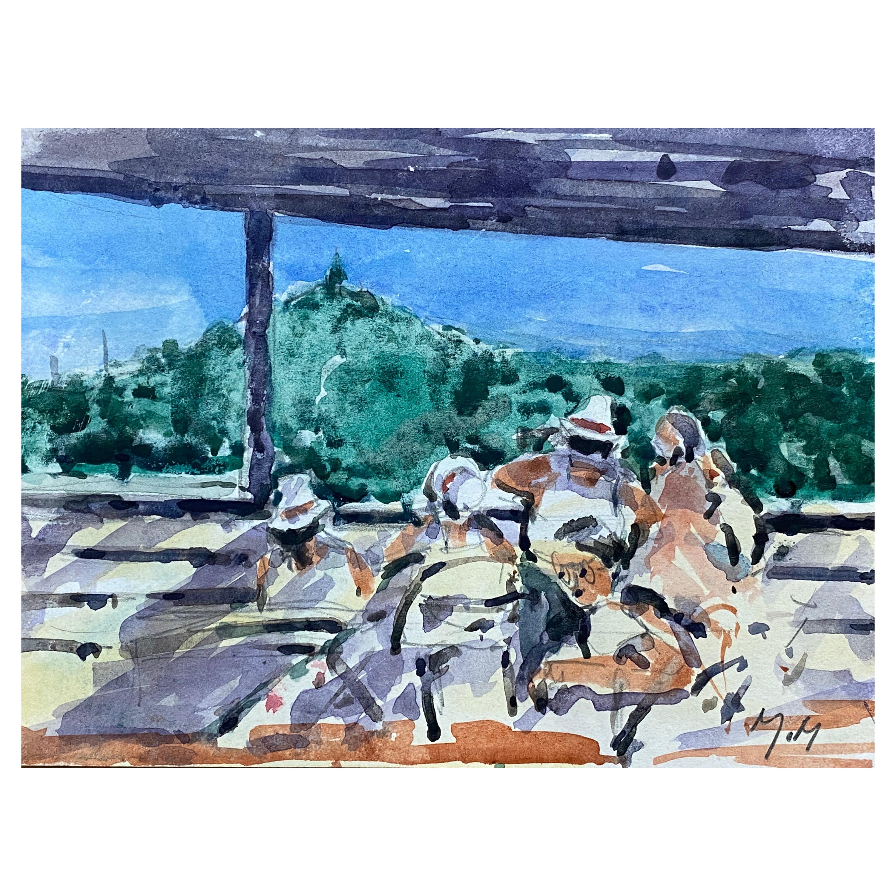 French Impressionist Vibrant Watercolour, Figures Chatting For Sale