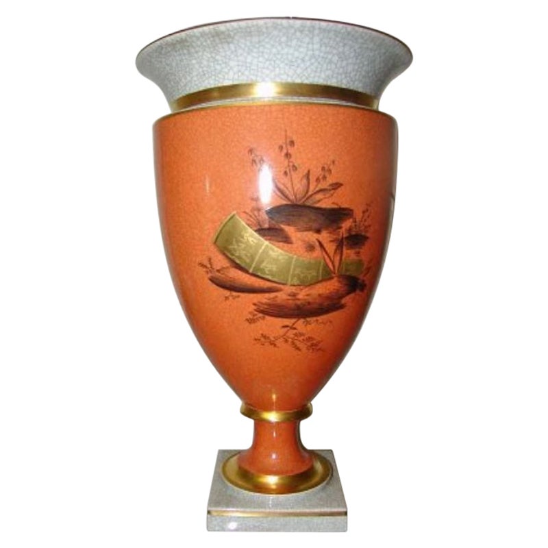 Royal Copenhagen Large Cracle Glaze Vase with Motif and Gold Decoration For Sale