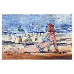 Vintage French Impressionist Watercolour, Lady In Bikini Sunbathing