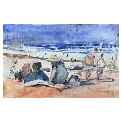 Vintage French Impressionist Signed Watercolour, Figures on Bright Beach