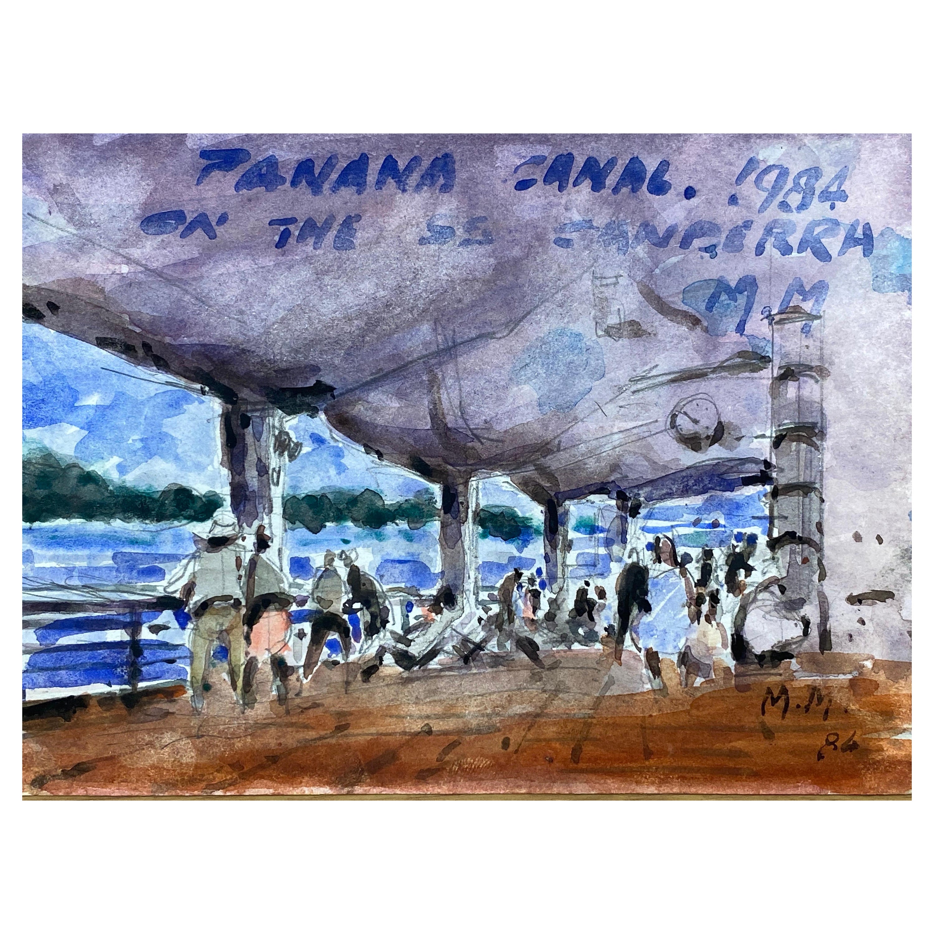 French Impressionist Signed Watercolour, Figures at a Busy Beach Bar For Sale