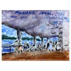French Impressionist Signed Watercolour, Figures at a Busy Beach Bar