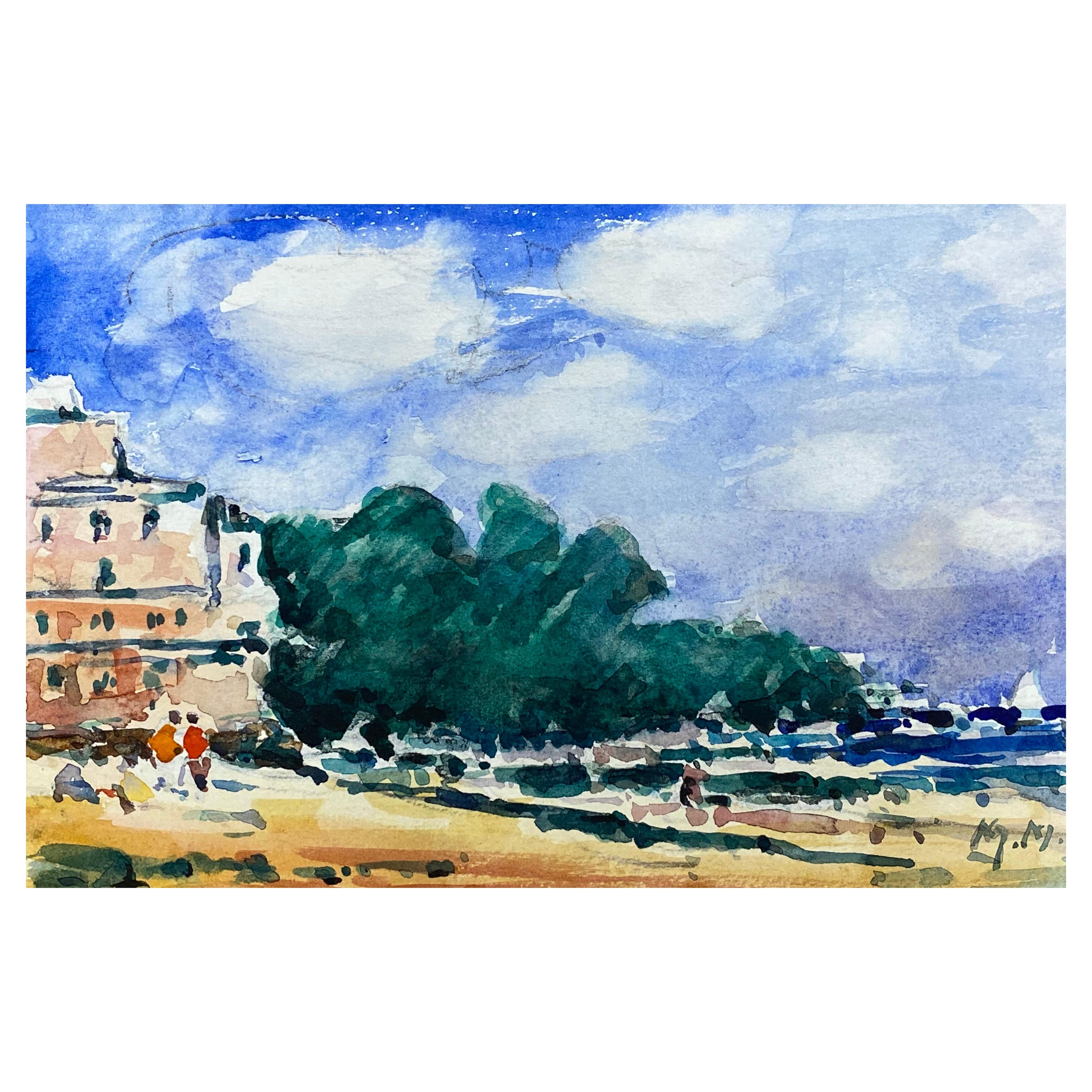 French Impressionist Watercolour, Bright Blue Summers Day Over Beach For Sale