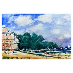 Vintage French Impressionist Watercolour, Bright Blue Summers Day Over Beach