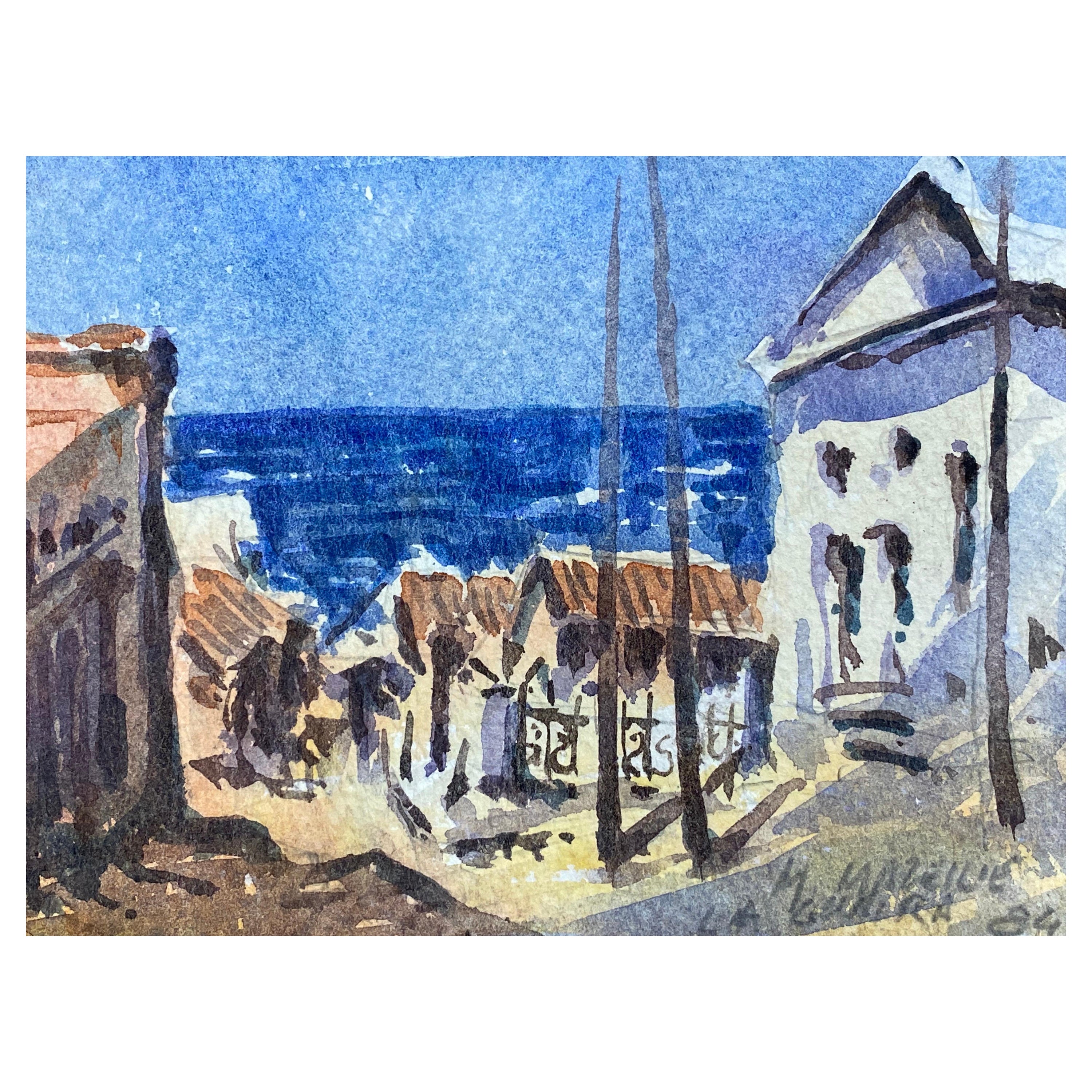 Maurice Mazeilie, Aquarelle impressionniste française, Paysage français bleu