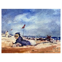 Vintage French Impressionist Signed Watercolour, Sun Bathers Landscape