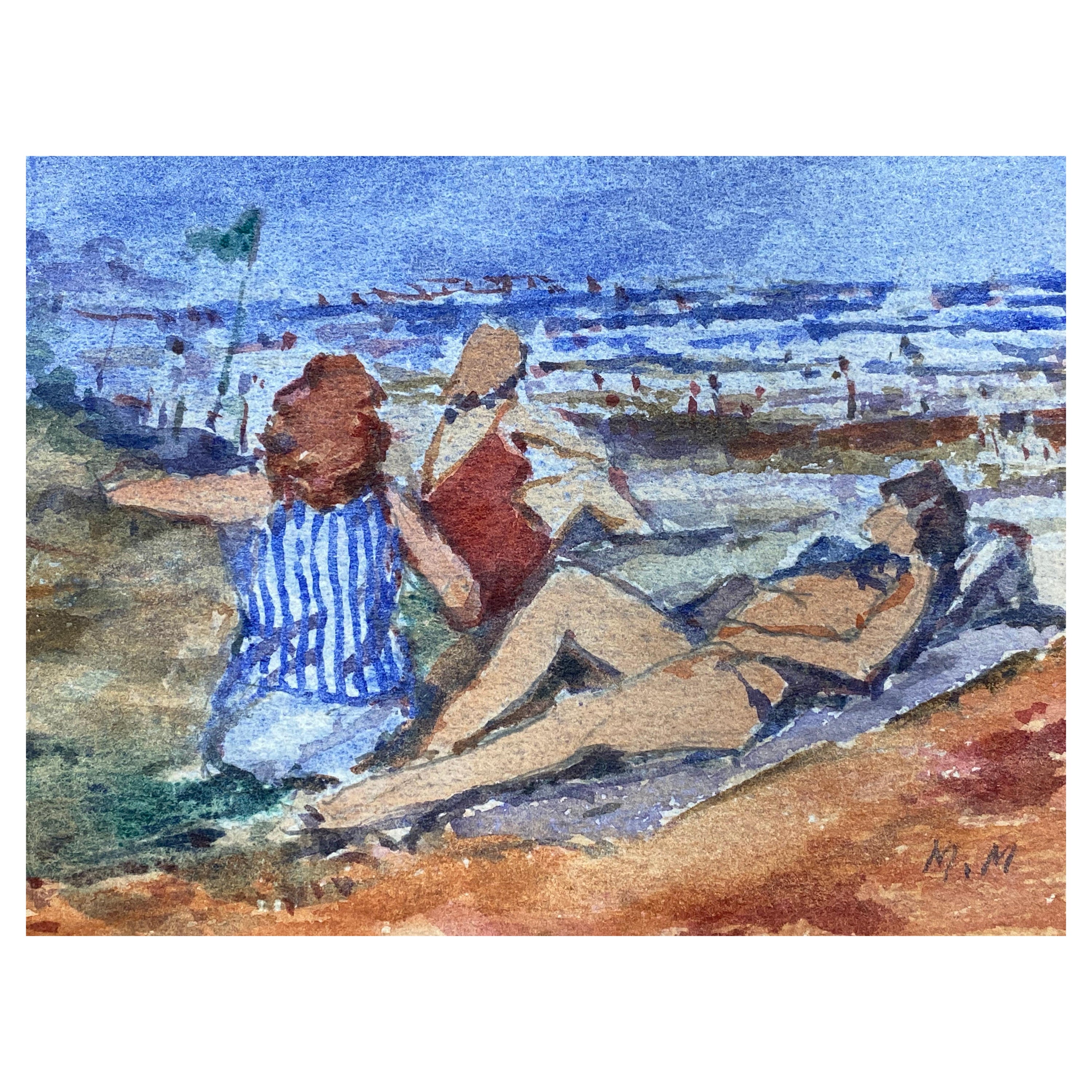 Aquarelle signée d'un impressionniste français, Ladies Day At The Beach