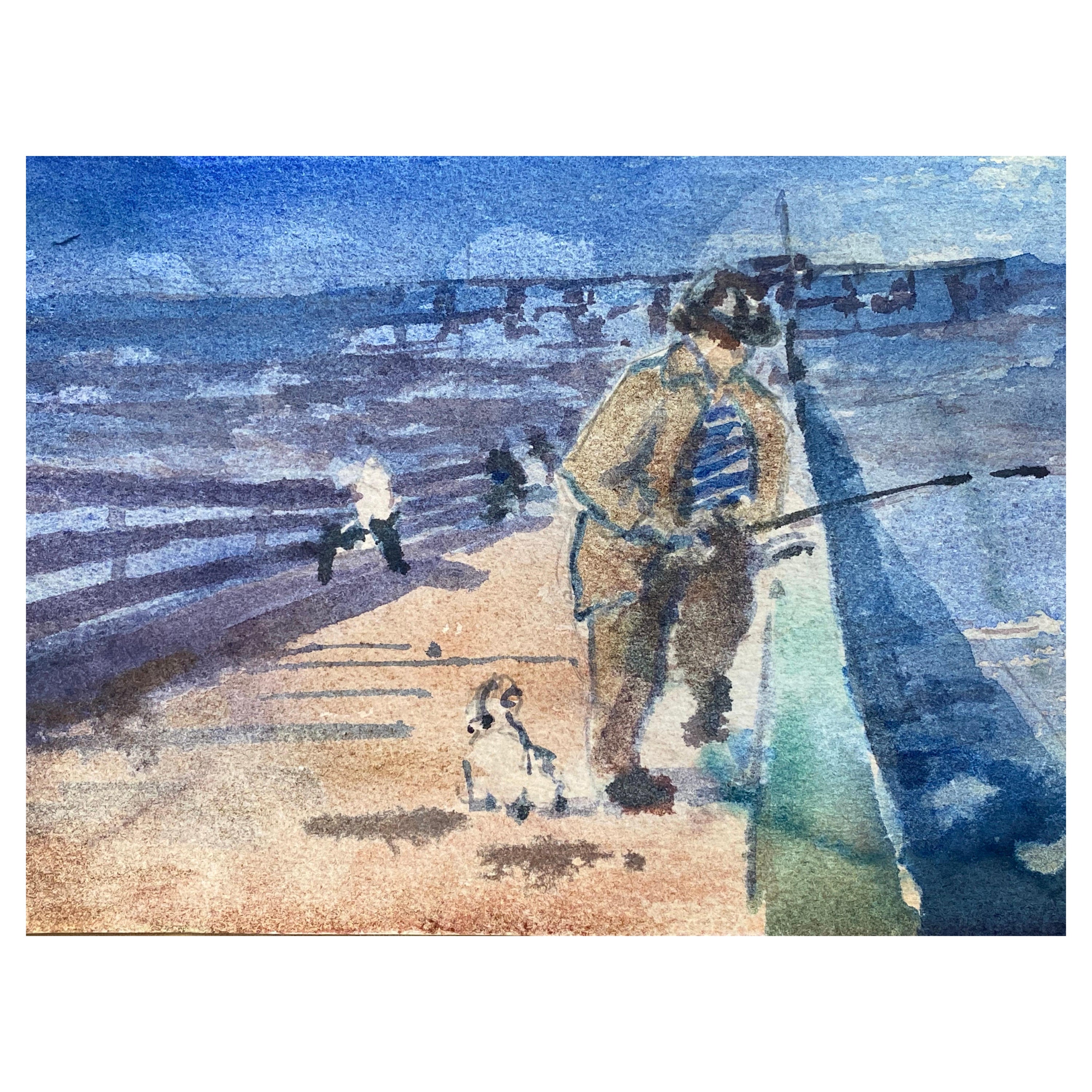 Fisherman On Quay Maurice Mazeilie, French Impressionist Watercolour For Sale
