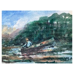 French Impressionist Signed Watercolour, Fisherman in Tranquil Lake
