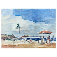 Vintage French Impressionist Signed Watercolour, Bright Blue Skies Over The Beach