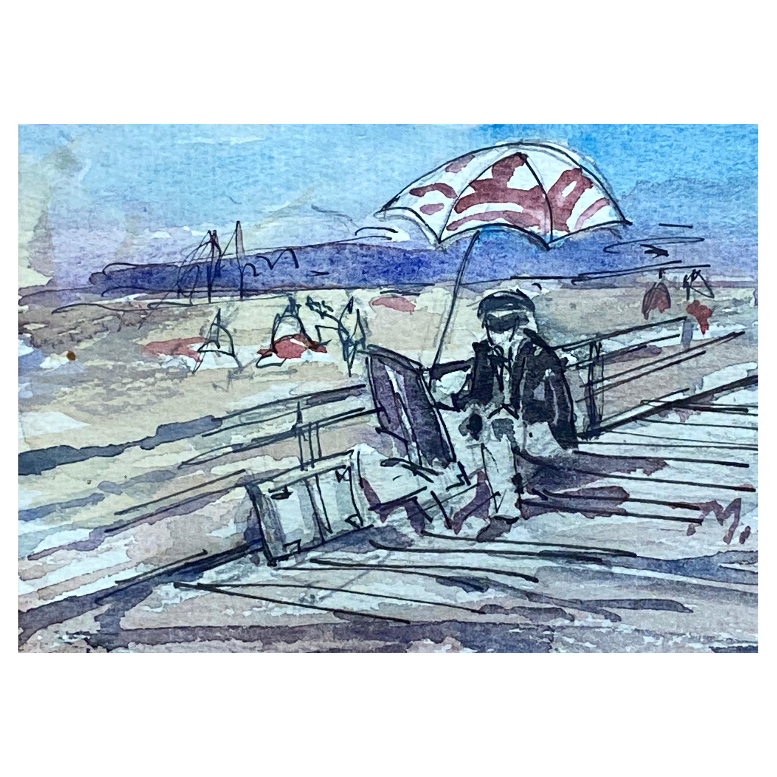 Künstler an Staffelei Gemälde am Strand, Französisch-impressionistisches Aquarell