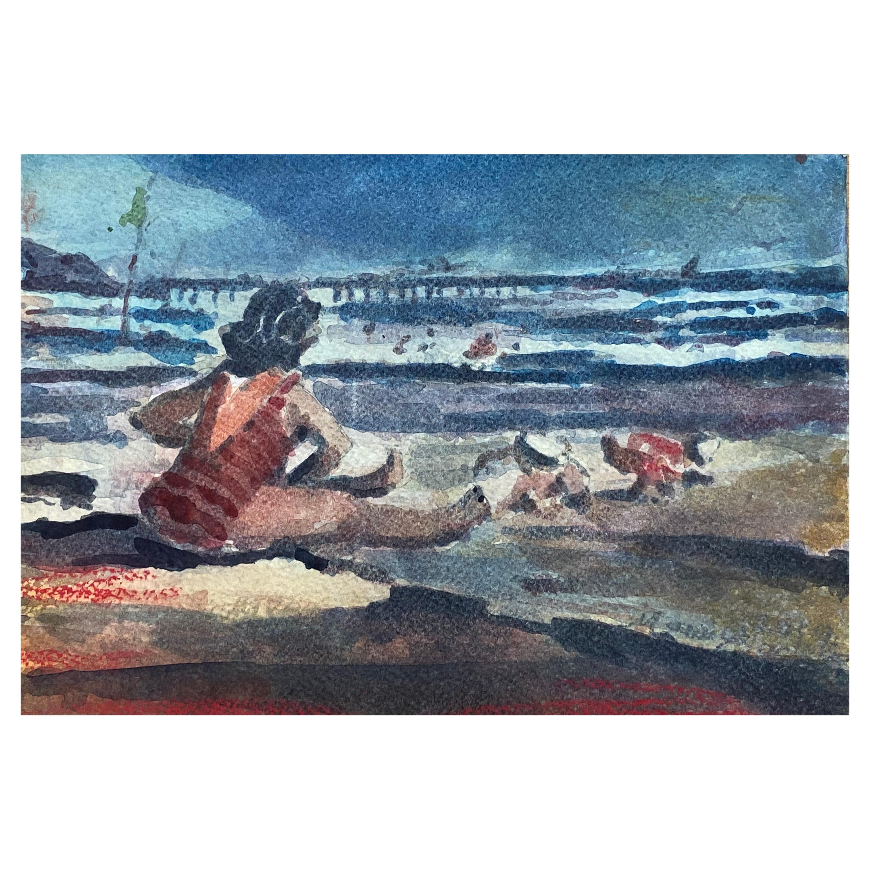 Aquarelle signée de Maurice Mazeilie, impressionniste français, « Lady On The Beach »