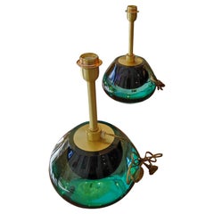 Pair of Round Italian Table Lamps in Light Green Murano Glass