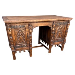 Used Outstanding Gothic Revival Desk w. Quality Carved Church Window Panels & Guards