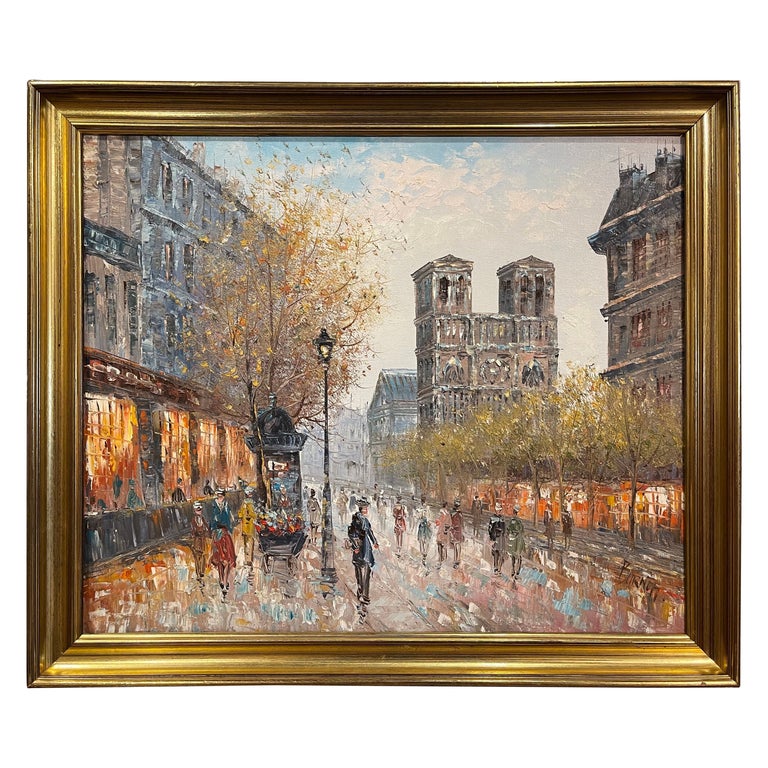 NotreDame de Paris Oil on Canvas Painting in Gilt Frame Signed C